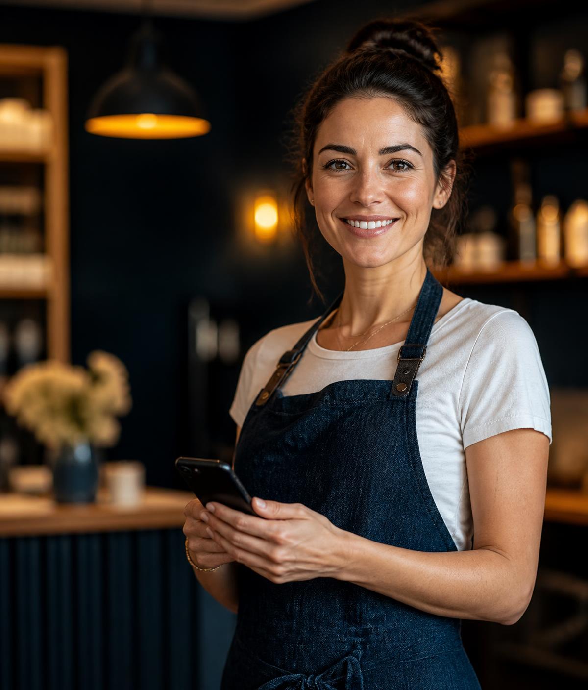 Empresária conferindo as avaliações Google do seu negócio pelo celular